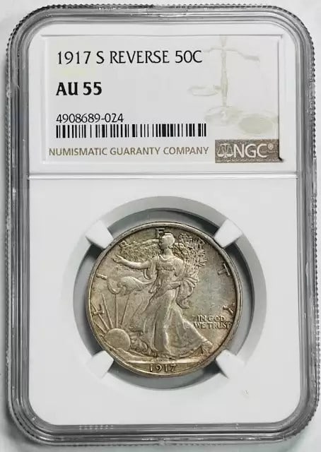 San Francisco Mint 1917 Silver Walking Liberty Half Dollar NGC AU 55 Reverse: San Francisco Mint 1917 Silver Walking Liberty Half Dollar NGC AU 55 Reverse This 1917-S Walking Liberty Half Dollar is certified by NGC with a grade of AU 55. Minted in San Francisco, this circulated