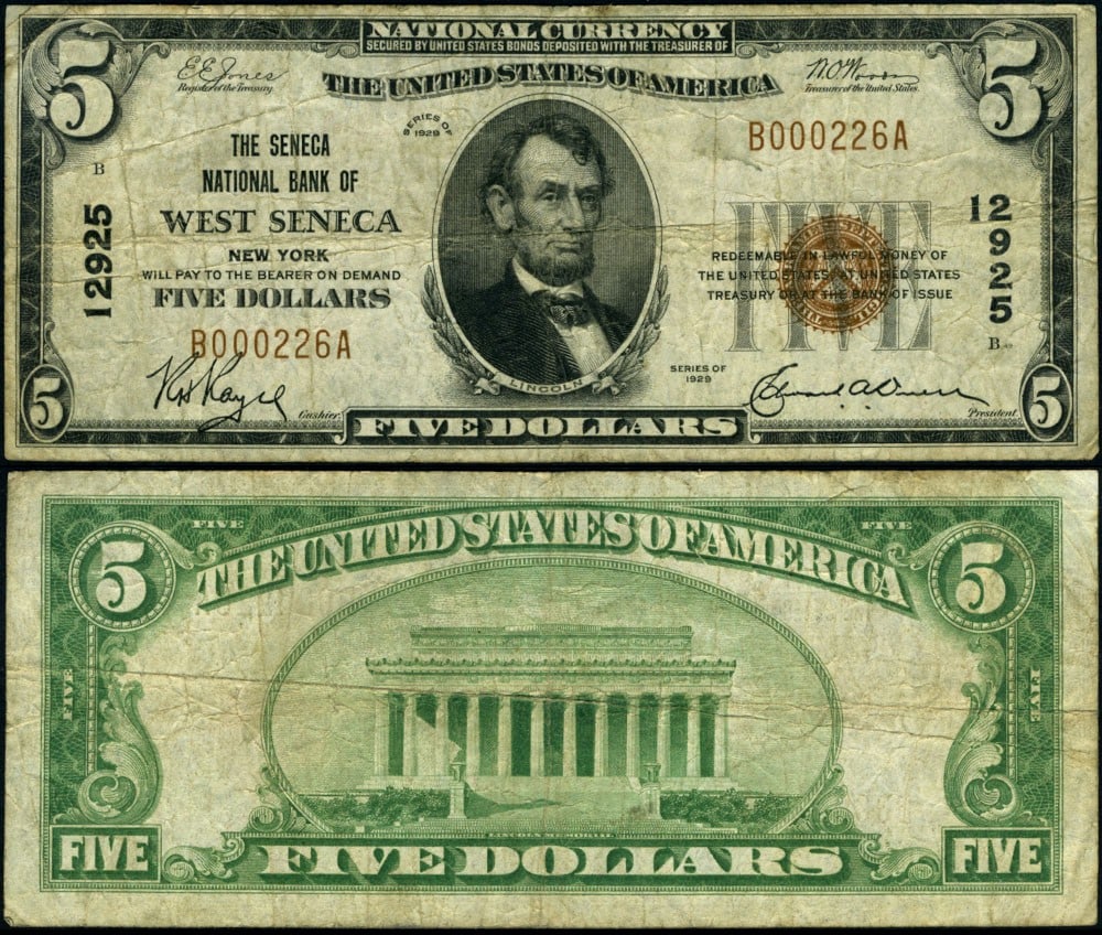 1929 T-1 $5 National Bank Note West Seneca NY Charter 12925 (1 of 3)