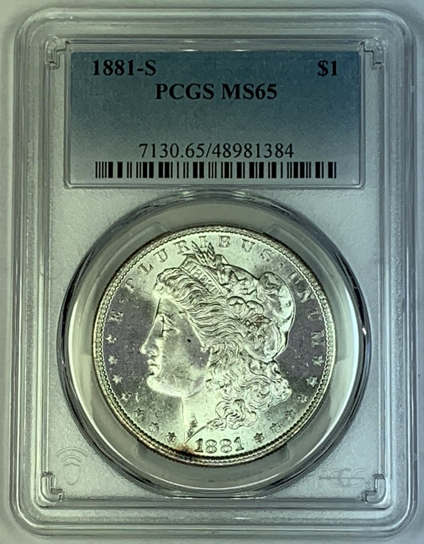 PCGS Graded 1881-S Morgan Silver Dollar MS 65 Uncirculated Coin: PCGS Graded 1881-S Morgan Silver Dollar MS 65 Uncirculated Coin This 1881-S Morgan Silver Dollar features a composition of silver and is graded MS 65 by PCGS. It is uncirculated and originates from th