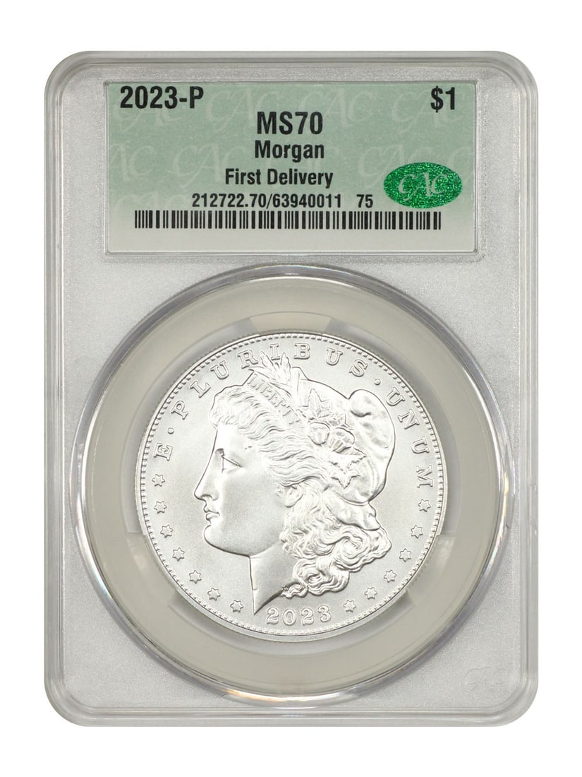 Morgan Dollar 2023 Philadelphia CACG MS70 First Delivery $1 Coin: Morgan Dollar 2023 Philadelphia CACG MS70 First Delivery $1 Coin This 2023-P Morgan Dollar is a commemorative coin struck at the Philadelphia Mint. Certified by CACG with a grade of MS70, it is uncirc