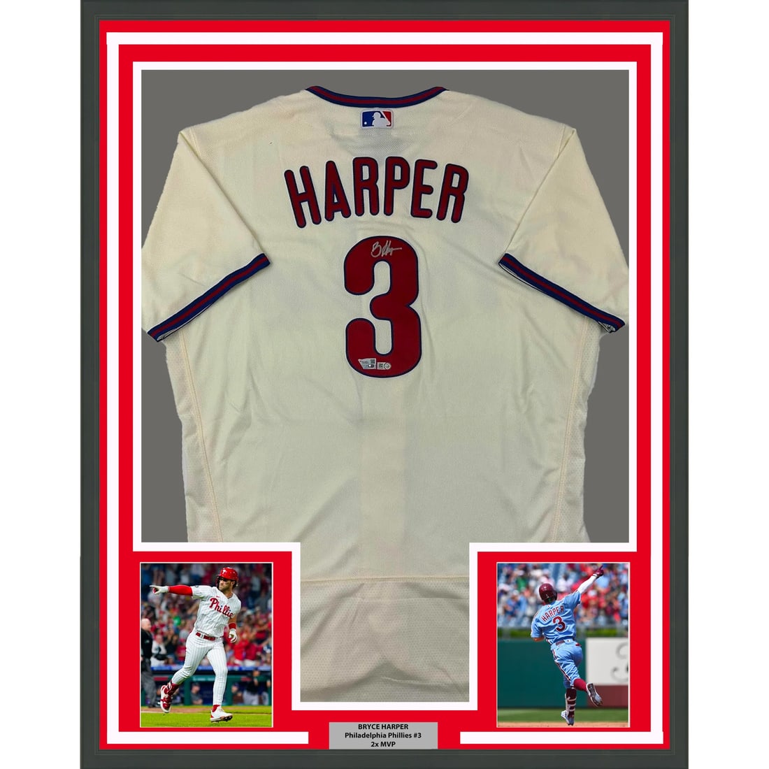 Framed Bryce Harper Autographed Jersey with Fanatics MLB COA: Framed Bryce Harper Autographed Jersey with Fanatics MLB COA This professionally framed and matted item features an authentic autographed jersey of Bryce Harper, a star player for the Philadelphia Phi