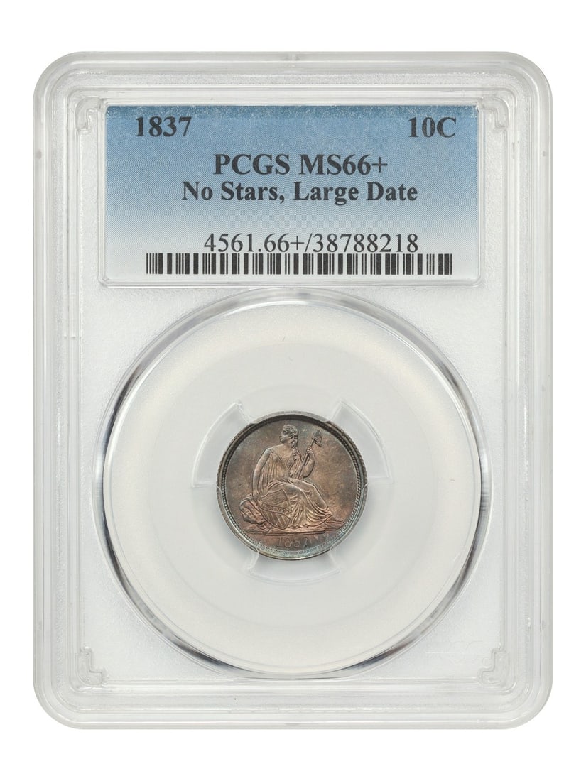 PCGS MS66+ 1837 Liberty Seated Dime No Stars Large Date 10C: PCGS MS66+ 1837 Liberty Seated Dime No Stars Large Date 10C This 1837 Liberty Seated Dime is a first-year issue from the Philadelphia Mint, notable for its 'No Stars, Large Date' obverse design. Grade