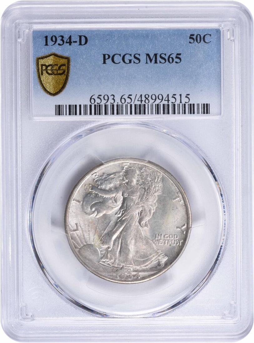 1934-D Walking Liberty Half Dollar MS65 PCGS Uncirculated Silver Coin: 1934-D Walking Liberty Half Dollar MS65 PCGS Uncirculated Silver Coin This 1934-D Walking Liberty Silver Half Dollar is a stunning example of American coinage, graded MS65 by PCGS, indicating its unci