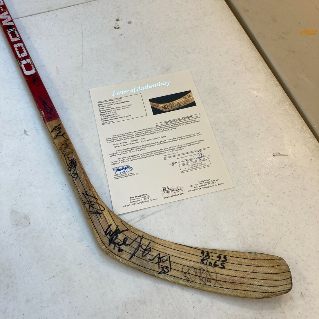 1992-93 Los Angeles Kings Team Signed Game Used Stick with JSA COA (1 of 12)