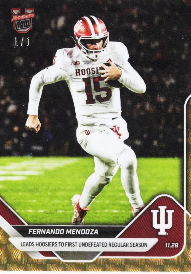 2025 Bowman U Now Fernando Mendoza 1/1 Rookie FoilFractor Card: 2025 Bowman U Now Fernando Mendoza 1/1 Rookie FoilFractor Card This is an authentic 2025 Bowman U Now Fernando Mendoza #52 FoilFractor 1/1 Rookie RC Football Card featuring the Indiana Hoosiers player