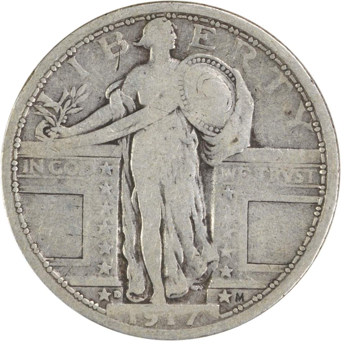 1917-D Standing Liberty Quarter 90% Silver VF Uncertified: 1917-D Standing Liberty Quarter 90% Silver VF Uncertified This 1917-D Standing Liberty Silver Quarter is a remarkable piece from the United States Mint. Crafted from 90% silver and 10% copper, this co