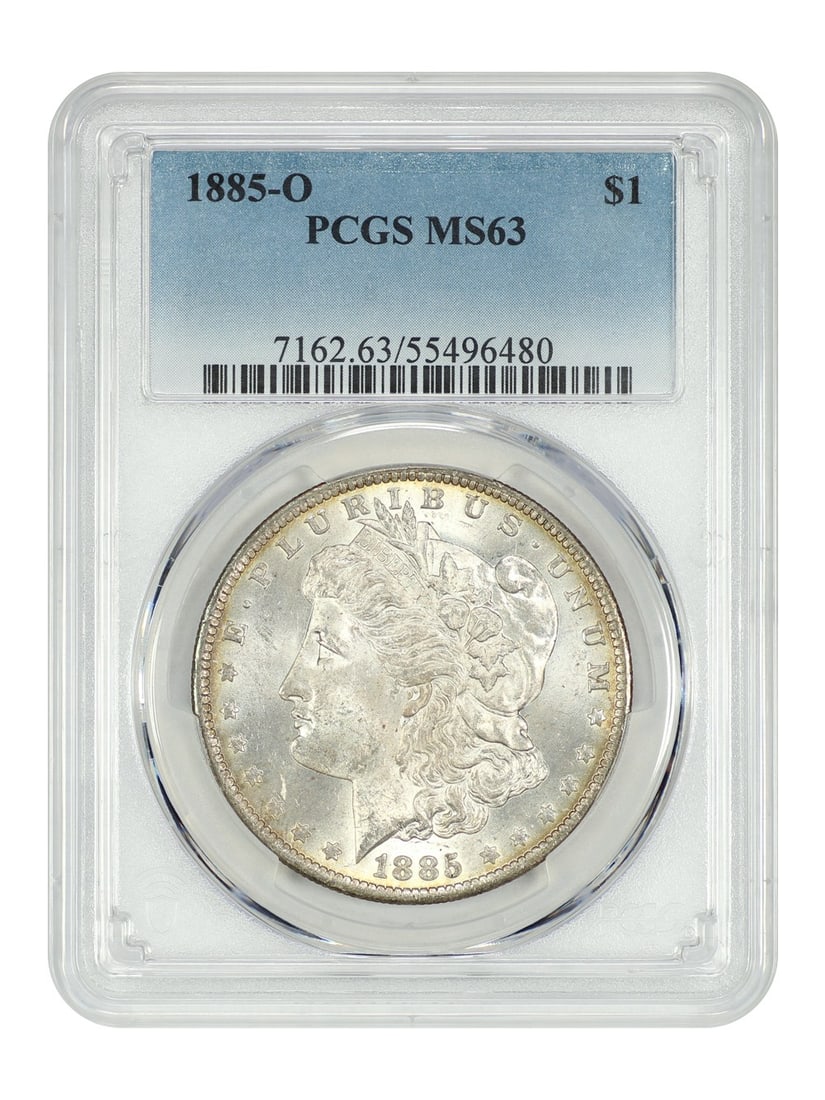 PCGS Graded MS63 1885-O Morgan Silver Dollar $1 Uncirculated: PCGS Graded MS63 1885-O Morgan Silver Dollar $1 Uncirculated This is an 1885-O Morgan Dollar graded MS63 by PCGS. The coin is uncirculated and was minted in New Orleans. It is part of the Morgan Dolla