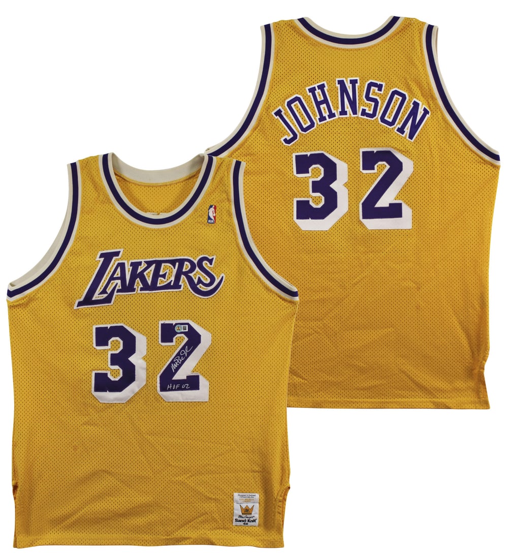 Magic Johnson Signed Lakers HOF 02 Yellow Jersey BAS Witnessed: Magic Johnson Signed Lakers HOF 02 Yellow Jersey BAS Witnessed This original autographed yellow MacGregor Sand-Knit jersey features the legendary Magic Johnson of the Los Angeles Lakers. Inscribed wit