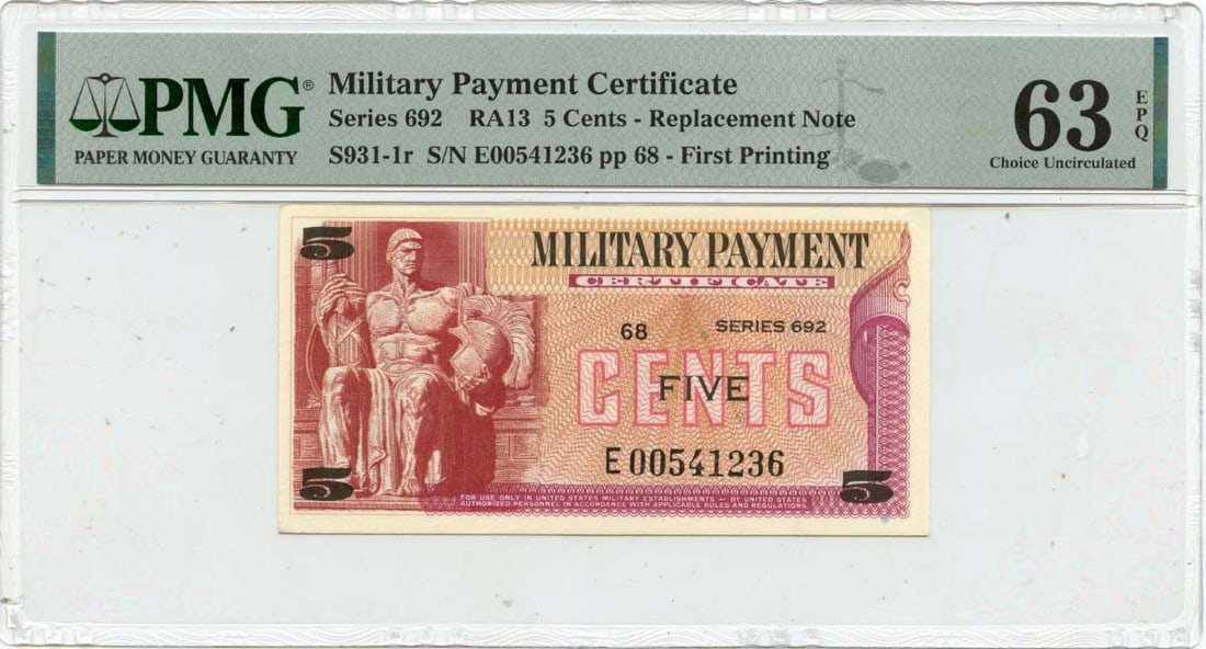 Series 692 5 Cents Military Payment Certificate PMG CU63 EPQ (1 of 2)