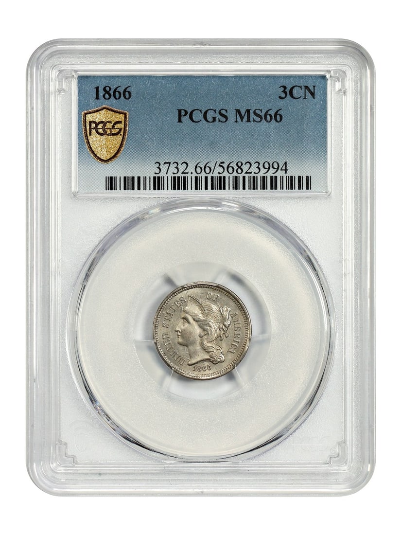 PCGS MS66 1866 Three Cent Nickel Coin Uncirculated Certified: PCGS MS66 1866 Three Cent Nickel Coin Uncirculated Certified This is an 1866 Three Cent Nickel coin from the Philadelphia Mint, graded MS66 by PCGS. It features fascinating die clashing and several sp