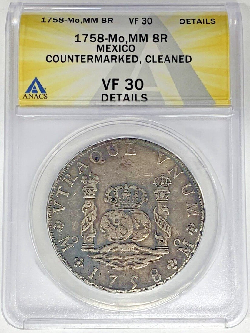 1758 Mexico 8 Reales Silver Coin ANACS VF 30 Details Cleaned: 1758 Mexico 8 Reales Silver Coin ANACS VF 30 Details Cleaned This 1758-Mo Mexico 8 Reales coin is graded VF 30 Details by ANACS and has been cleaned. Originating from the colonial period of Mexico, it