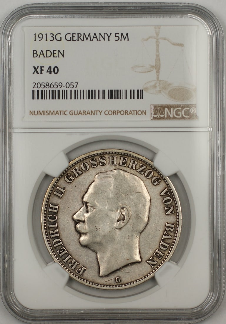 1913G Baden Five Mark Silver Coin NGC XF-40 Certified Germany (1 of 2)