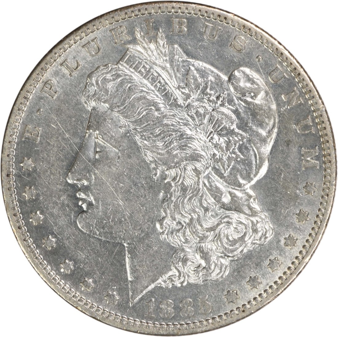 1885 San Francisco Morgan Dollar 90 Percent Silver EF Grade Uncertified: 1885 San Francisco Morgan Dollar 90 Percent Silver EF Grade Uncertified This 1885-S Morgan Silver Dollar is a circulated coin from the United States, minted in San Francisco. Composed of 90% silver an