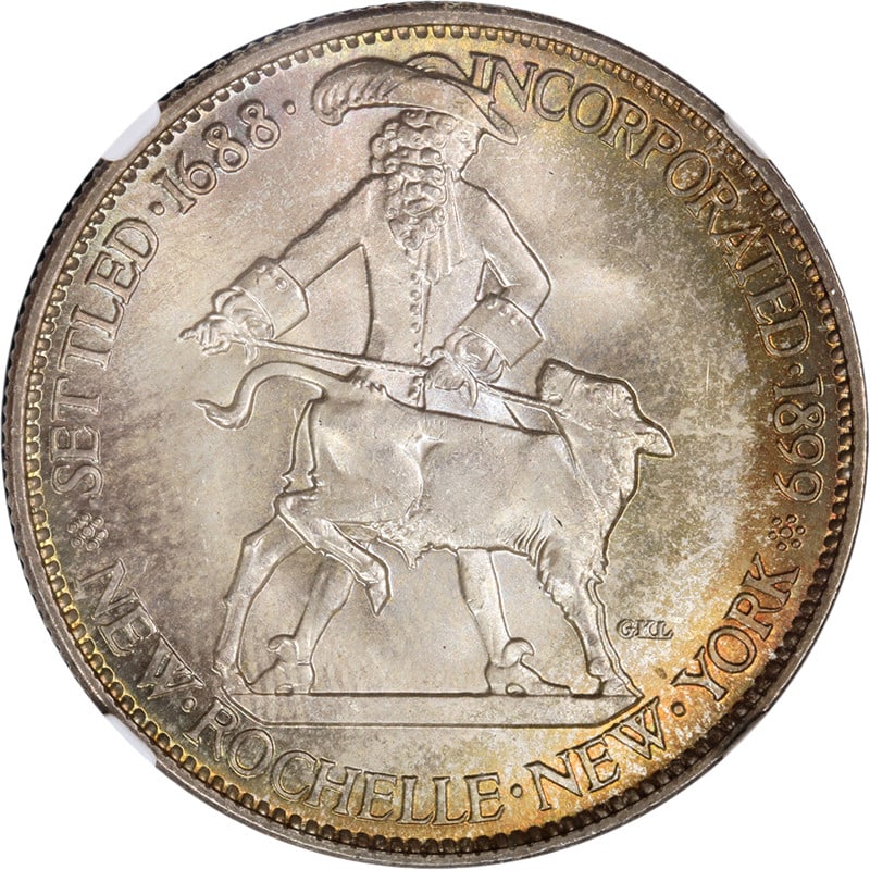 1938 New Rochelle Commem Half Dollar NGC MS67 CAC Stunning Toning: 1938 New Rochelle Commem Half Dollar NGC MS67 CAC Stunning Toning This stunning 1938 New Rochelle Commemorative Half Dollar is graded MS67 by NGC and features a CAC sticker, ensuring its superior qual