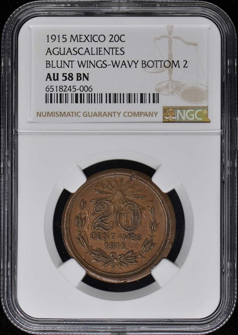 1915 Mexico Aguascalientes 20 Centavos Coin NGC AU58: 1915 Mexico Aguascalientes 20 Centavos Coin NGC AU58 This 1915 Aguascalientes 20 Centavos coin from Mexico features a circulated condition, graded AU58 by NGC. The coin showcases its historical signif