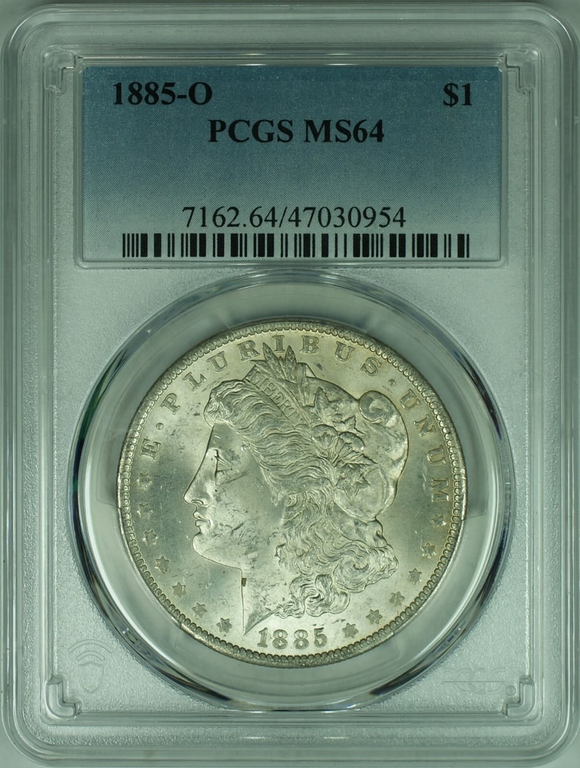 PCGS MS64 1885-O Morgan Dollar Silver Coin New Orleans Mint: PCGS MS64 1885-O Morgan Dollar Silver Coin New Orleans Mint This is an 1885-O Morgan Silver Dollar coin from the United States, certified by PCGS with a grade of MS-64. The coin is uncirculated and