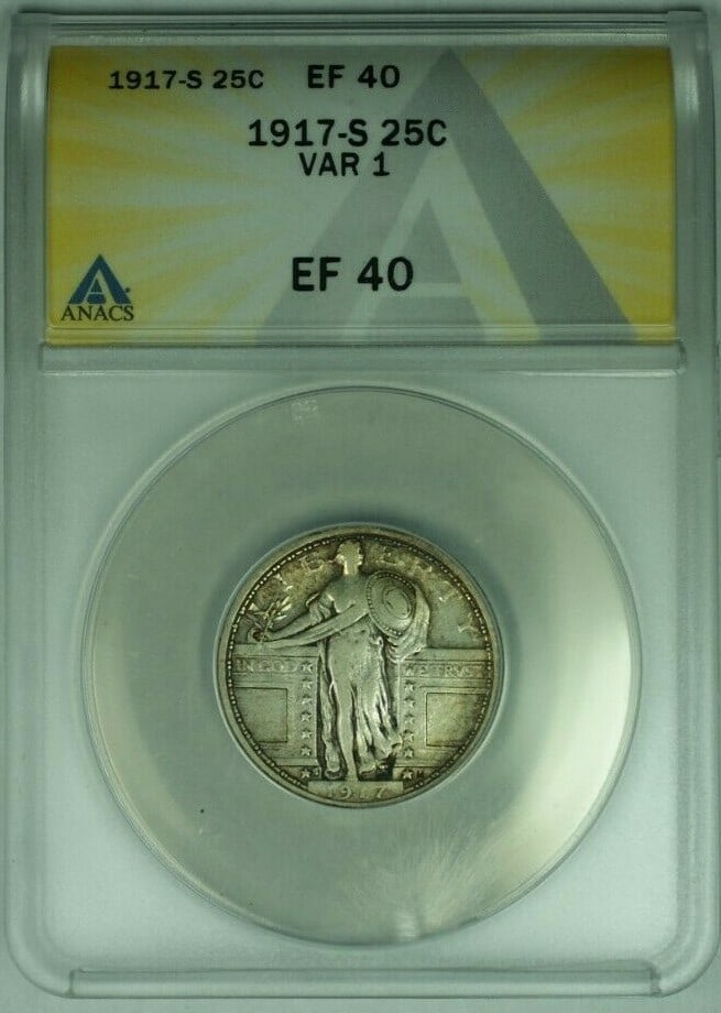 ANACS EF-40 1917-S Variety 1 Standing Liberty Silver Quarter 25 Cent Coin: ANACS EF-40 1917-S Variety 1 Standing Liberty Silver Quarter 25 Cent Coin This is a 1917-S Variety 1 Standing Liberty Quarter, certified by ANACS with a grade of EF-40. Minted in San Francisco, this
