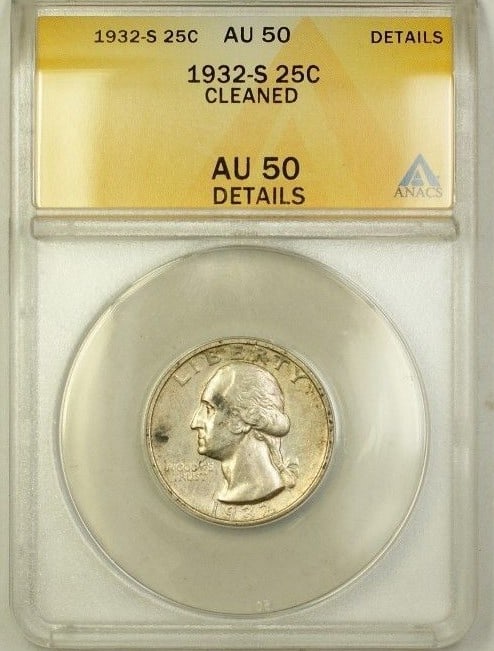 San Francisco Mint 1932-S Silver 25c Washington Quarter ANACS AU-50 Cleaned: San Francisco Mint 1932-S Silver 25c Washington Quarter ANACS AU-50 Cleaned This 1932-S Washington Silver Quarter is a 25-cent coin minted in San Francisco. Certified by ANACS with an AU-50 Details gr