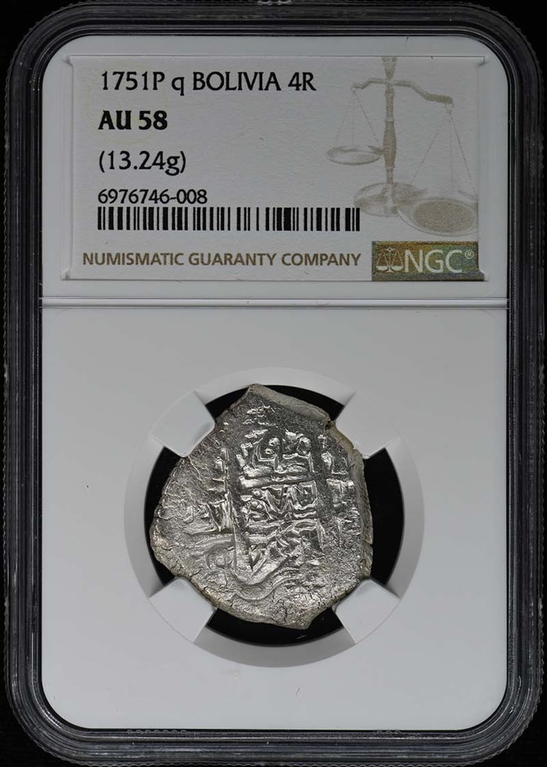 1751 Bolivia Silver 4 Reales NGC AU58 Coin 13.24g: 1751 Bolivia Silver 4 Reales NGC AU58 Coin 13.24g This 1751 Bolivia Silver 4 Reales coin is a remarkable collectible. It has been graded as AU58 by NGC, indicating its excellent condition with