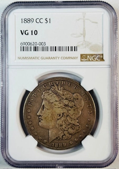 NGC VG-10 1889 Carson City Silver Morgan Dollar: NGC VG-10 1889 Carson City Silver Morgan Dollar This 1889 Carson City Morgan Silver Dollar has been certified by NGC with a VG-10 grade. The coin is composed of silver, features a denomination of one