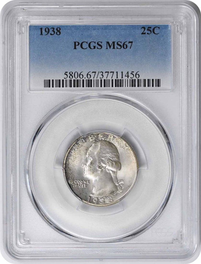 1938 Washington Silver Quarter MS67 PCGS Uncirculated 90% Silver: 1938 Washington Silver Quarter MS67 PCGS Uncirculated 90% Silver This 1938 Washington Silver Quarter is a stunning example graded MS67 by PCGS, showcasing its exceptional quality and detail. Struck in