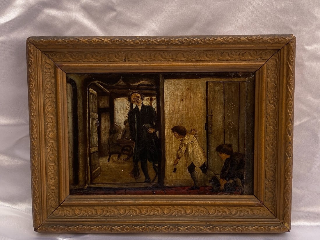 19th Century French Oil Painting Kids In Classroom Framed: 19th Century French Oil Painting Kids In Classroom Framed This exquisite 19th-century French oil painting on board captures a charming classroom scene featuring two children--one mischievously holding