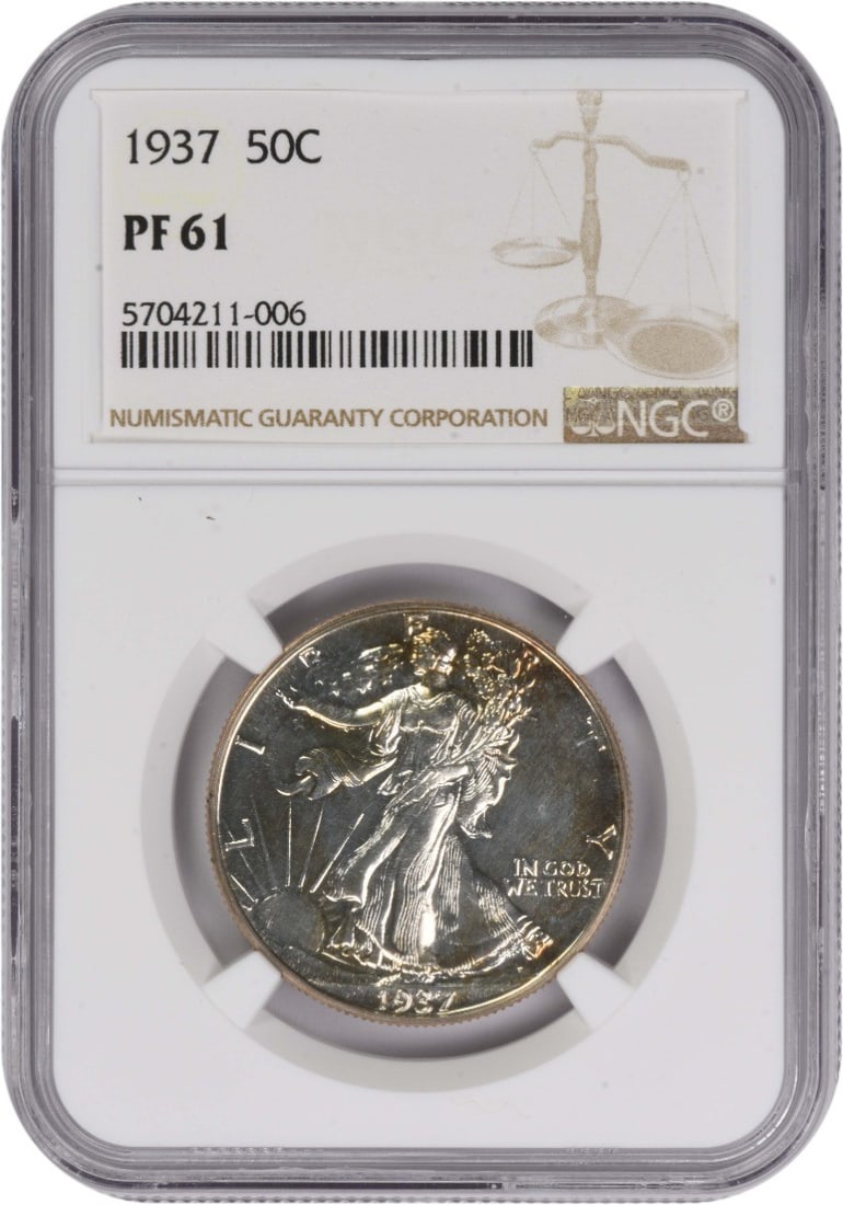 1937 Proof Walking Liberty Half Dollar NGC PR61 Certified Silver Coin: 1937 Proof Walking Liberty Half Dollar NGC PR61 Certified Silver Coin This 1937 Walking Liberty Half Dollar is a proof strike coin, graded PR61 by NGC. It was minted in Philadelphia with no mint mark