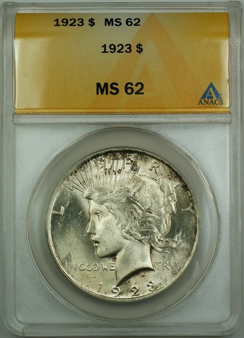 1923 Peace Dollar Silver $1 ANACS MS62 Philadelphia Light Toning Uncirculated: 1923 Peace Dollar Silver $1 ANACS MS62 Philadelphia Light Toning Uncirculated This 1923 Silver Peace Dollar is certified by ANACS with a grade of MS-62 and features light toning. The coin is uncircula