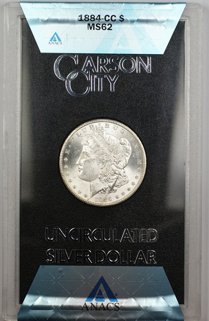 ANACS MS62 Carson City 1884-CC Morgan Silver Dollar in GSA Holder $1: ANACS MS62 Carson City 1884-CC Morgan Silver Dollar in GSA Holder $1 This is an 1884-CC Morgan Silver Dollar graded MS-62 by ANACS. Minted at the Carson City Mint, this uncirculated coin contains 90%