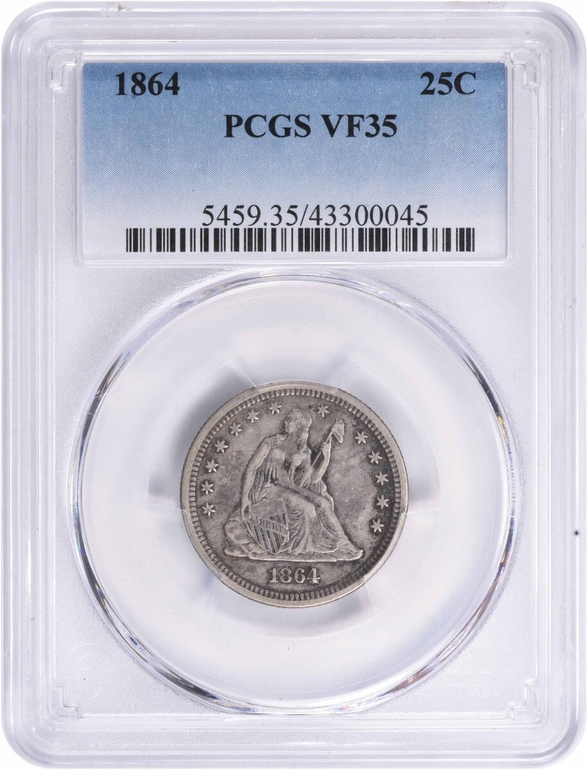 1864 Liberty Seated Silver Quarter VF35 PCGS 90% Silver Rare Coin: 1864 Liberty Seated Silver Quarter VF35 PCGS 90% Silver Rare Coin This 1864 Liberty Seated Silver Quarter is a remarkable piece certified by PCGS with a grade of VF35. Minted in Philadelphia, this coi