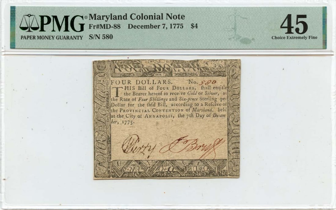1775 $4 Maryland Colonial Note MD-88 PMG XF45 Certified (1 of 2)