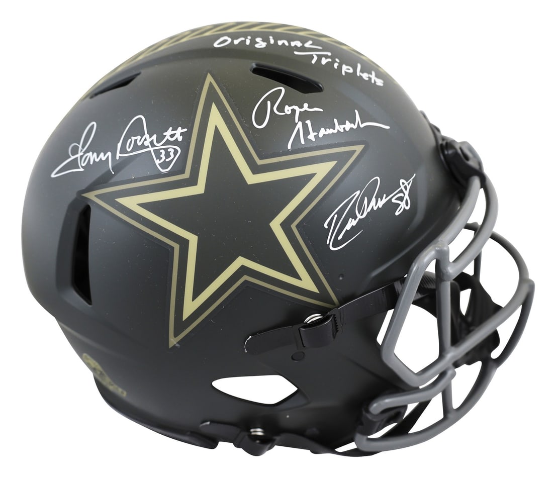 Dallas Cowboys Signed Helmet by Pearson Staubach Dorsett Beckett Auth: Dallas Cowboys Signed Helmet by Pearson Staubach Dorsett Beckett Auth This authentic full-size Speed Proline helmet features the signatures of legendary Dallas Cowboys players Drew Pearson, Roger Stau