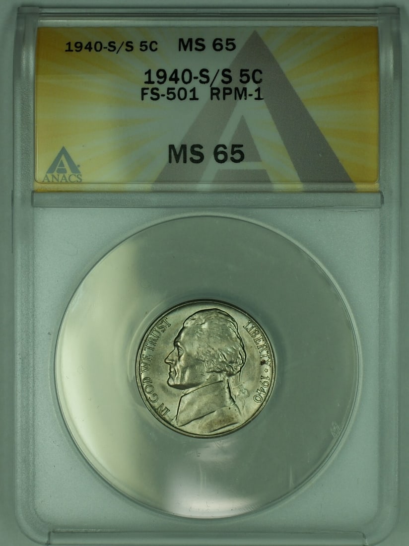 ANACS MS 65 1940-S/S Jefferson Nickel Five Cent Coin United States: ANACS MS 65 1940-S/S Jefferson Nickel Five Cent Coin United States This is a 1940-S/S Jefferson Nickel with a denomination of 5 cents, certified by ANACS at a grade of MS 65. The coin is uncirculated
