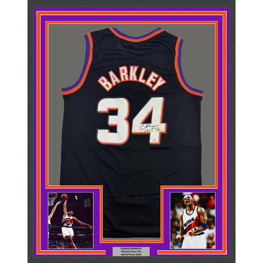 Charles Barkley Signed Phoenix Suns Black Jersey Framed Display with JSA COA 35x39: Charles Barkley Signed Phoenix Suns Black Jersey Framed Display with JSA COA 35x39 This professionally framed and matted display features an autographed Charles Barkley Phoenix Suns black jersey. The