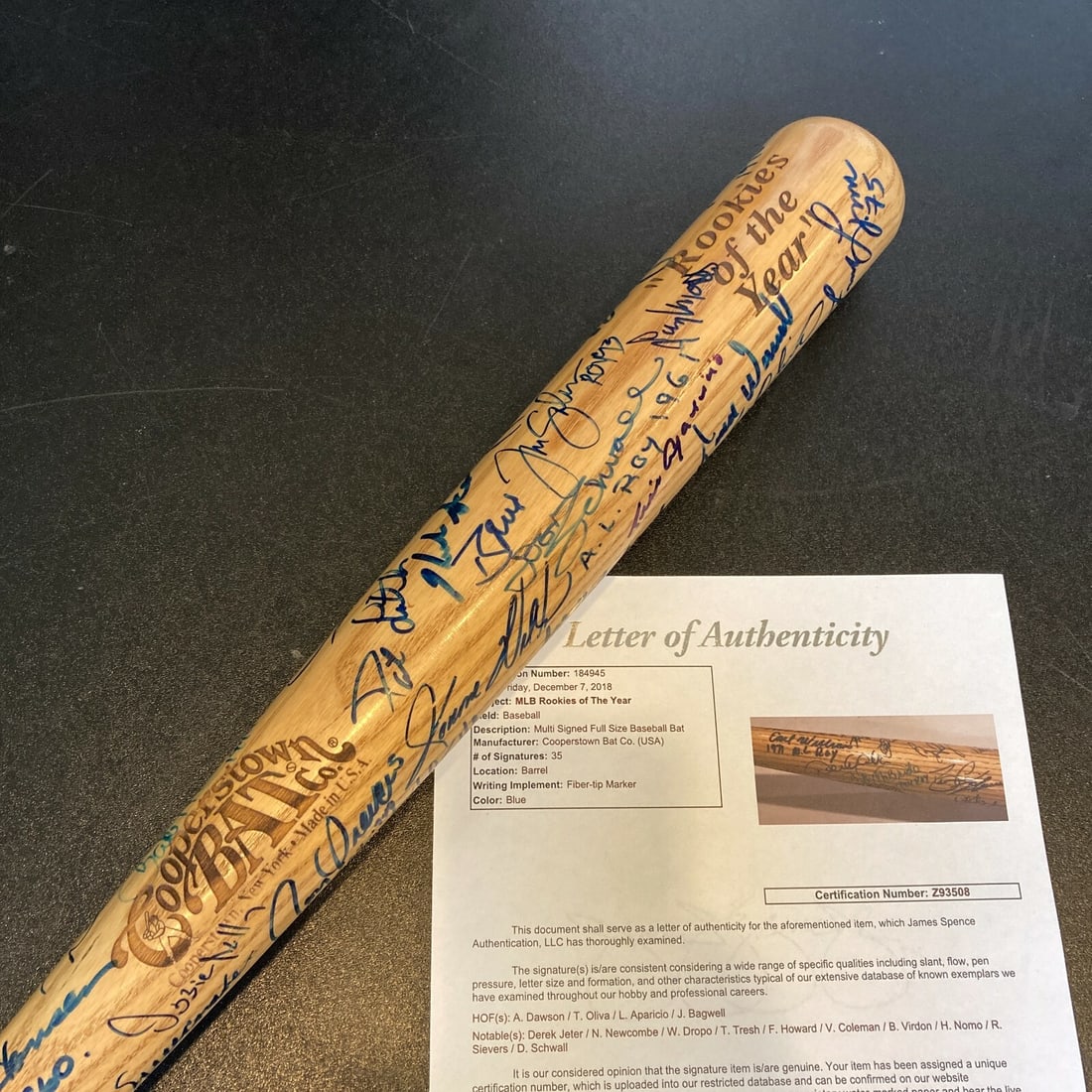 Derek Jeter Signed Cooperstown Rookie of the Year Bat 35 Signatures JSA: Derek Jeter Signed Cooperstown Rookie of the Year Bat 35 Signatures JSA Celebrate baseball history with this incredible Derek Jeter Rookie Of The Year Winners signed baseball bat. This Special Edition