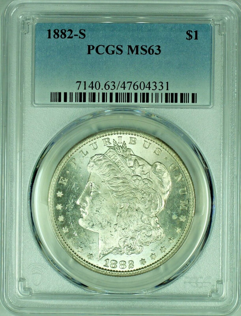 PCGS MS 63 1882-S Morgan Dollar Silver Coin Certified: PCGS MS 63 1882-S Morgan Dollar Silver Coin Certified This is an 1882-S Morgan Silver Dollar from the United States, certified by PCGS with a grade of MS 63. The coin is uncirculated and composed of s