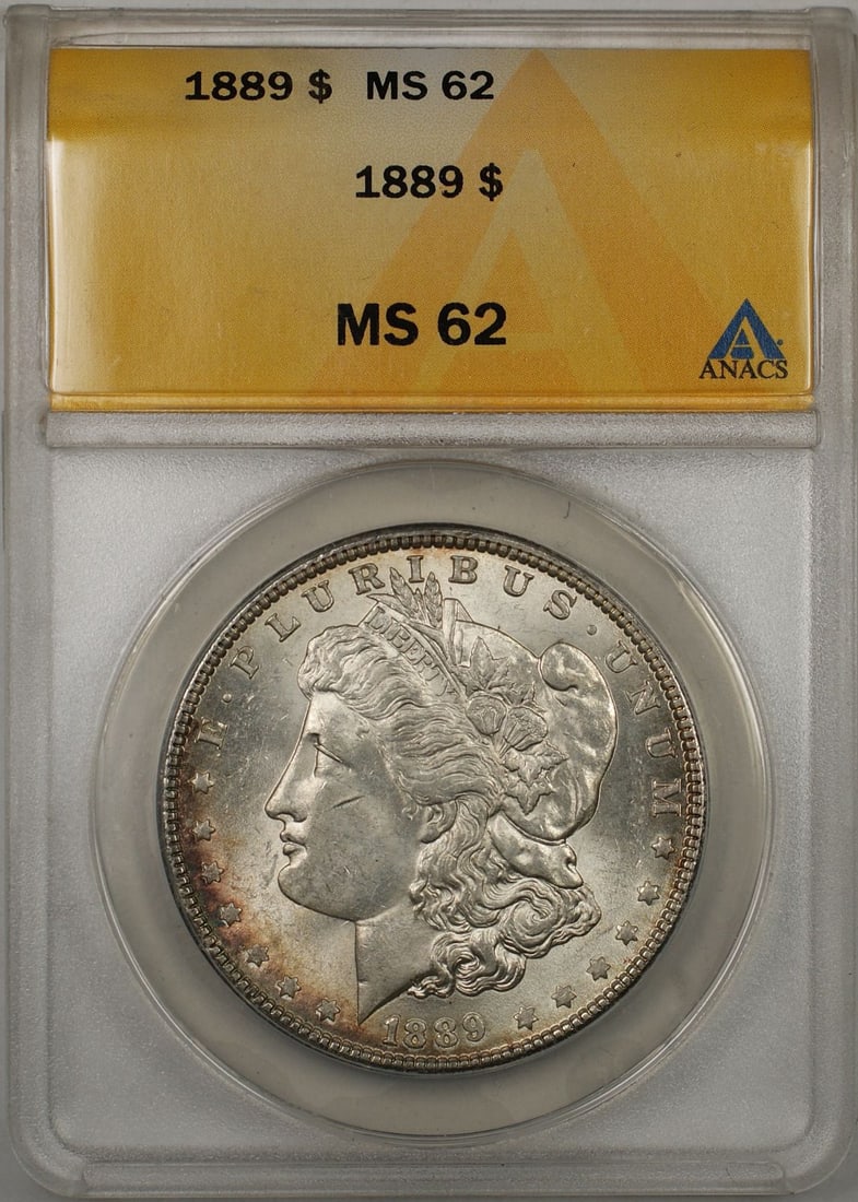ANACS MS-62 Graded 1889 Silver Morgan Dollar Coin from Philadelphia: ANACS MS-62 Graded 1889 Silver Morgan Dollar Coin from Philadelphia This 1889 Morgan Silver Dollar is an uncirculated coin graded MS-62 by ANACS. Minted in Philadelphia, it features a silver compositi