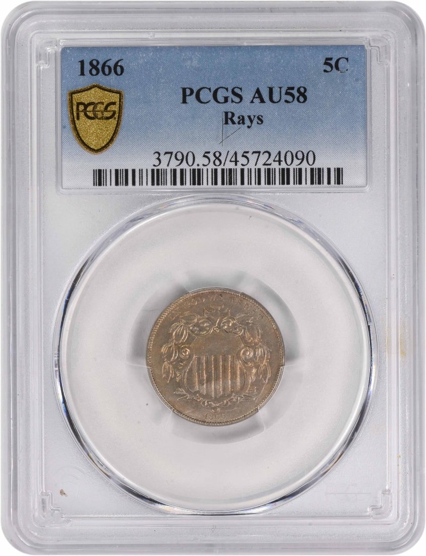 1866 Shield Nickel 5C AU58 PCGS Certified Coin: 1866 Shield Nickel 5C AU58 PCGS Certified Coin This 1866 Shield Nickel is a notable piece of American numismatic history, featuring a design by the renowned engraver James Barton Longacre. Graded AU58