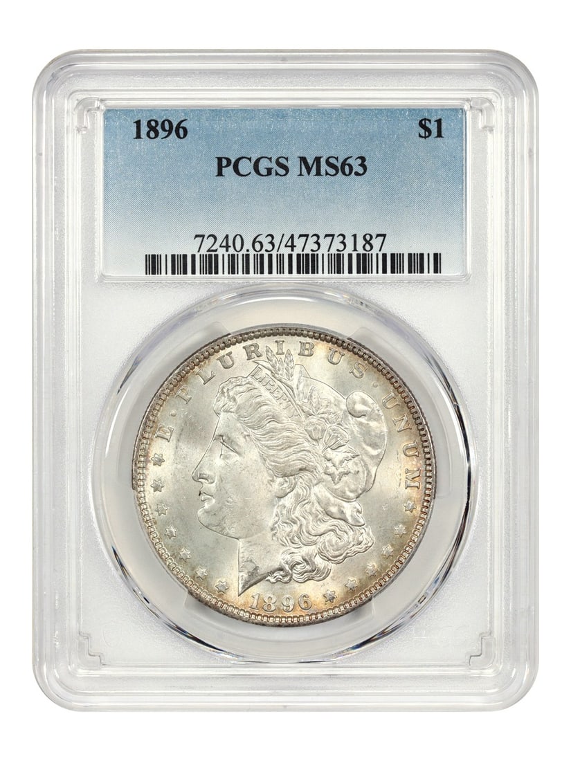 PCGS MS63 Graded 1896 Morgan Silver Dollar Uncirculated: PCGS MS63 Graded 1896 Morgan Silver Dollar Uncirculated This is an 1896 Morgan Dollar graded MS63 by PCGS. The coin is uncirculated and was minted in Philadelphia. It is part of the Morgan Dollar seri