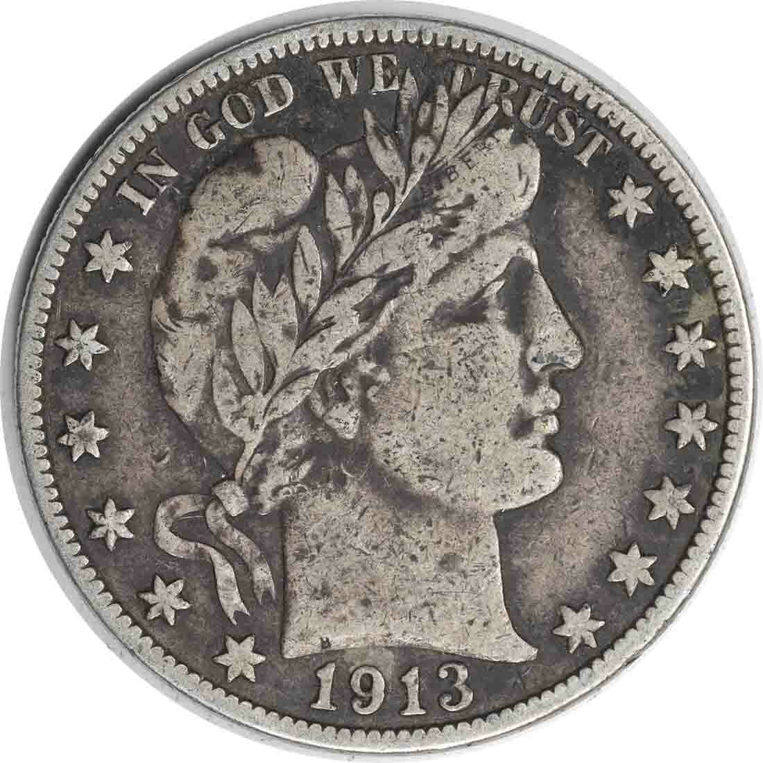 1913-S Barber Half Dollar 50C VF Uncertified Silver Coin: 1913-S Barber Half Dollar 50C VF Uncertified Silver Coin This 1913-S Barber Silver Half Dollar is a classic piece of numismatic history. Struck in San Francisco, this coin exhibits a grade of Very Fin