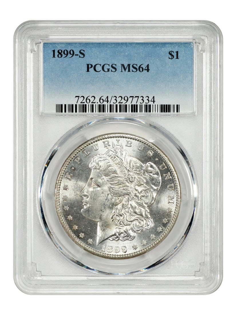 1899-S Morgan Dollar $1 PCGS MS64 Uncirculated Coin: 1899-S Morgan Dollar $1 PCGS MS64 Uncirculated Coin This 1899-S Morgan Dollar is a stunning example of American numismatic history, certified by PCGS with a grade of MS64. This uncirculated coin, mint