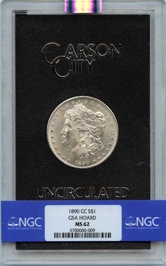 1890-CC Morgan Dollar GSA Hoard NGC MS62 Uncirculated Coin: 1890-CC Morgan Dollar GSA Hoard NGC MS62 Uncirculated Coin This 1890-CC Morgan Dollar is a remarkable addition to any coin collection. Certified by NGC with a grade of MS62, this uncirculated coin ori