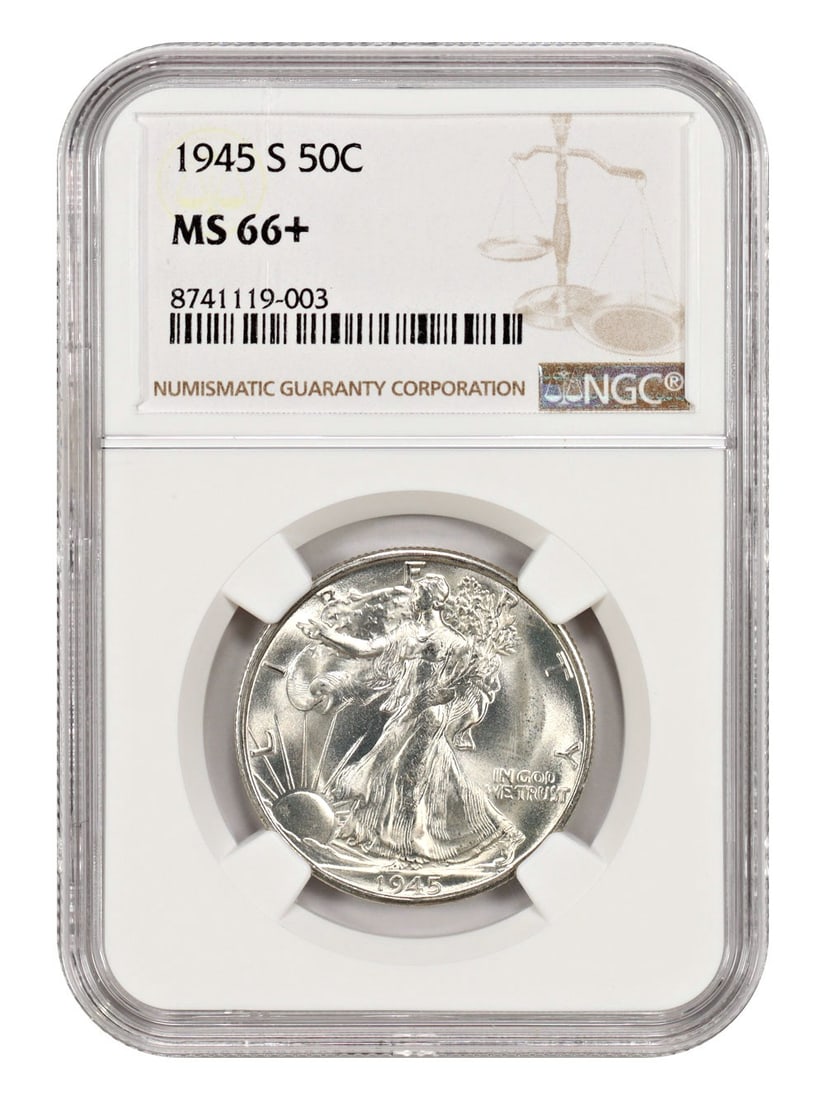 1945-S Walking Liberty Half Dollar NGC MS66+ Certified: 1945-S Walking Liberty Half Dollar NGC MS66+ Certified This 1945-S Walking Liberty Half Dollar is graded MS66+ by NGC, indicating it is in uncirculated condition with exceptional quality. Minted in Sa