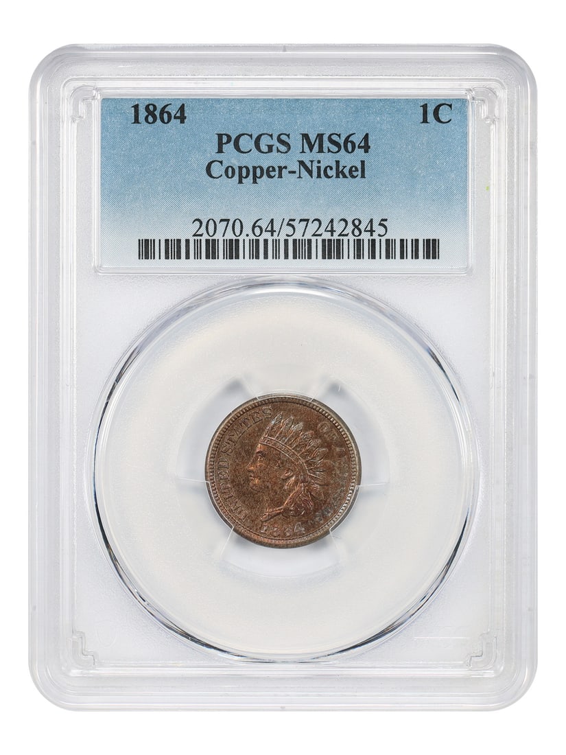 PCGS MS64 1864 Copper Nickel Indian Head Cent Final Year Issue: PCGS MS64 1864 Copper Nickel Indian Head Cent Final Year Issue This 1864 Indian Cent is a copper-nickel coin from the final year of copper-nickel issue. Graded MS64 by PCGS, it is an uncirculated exam