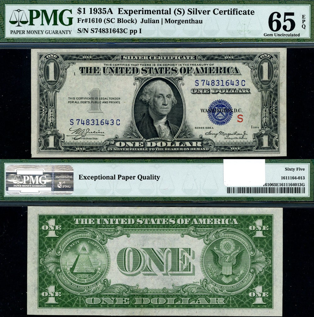 1935-A $1 Silver Certificate FR. 1610 PMG CU65 EPQ Gem: 1935-A $1 Silver Certificate FR. 1610 PMG CU65 EPQ Gem This 1935-A $1 Silver Certificate (FR. 1610) is graded as Gem CU65 EPQ by PMG, indicating exceptional quality. The note features excellent paper