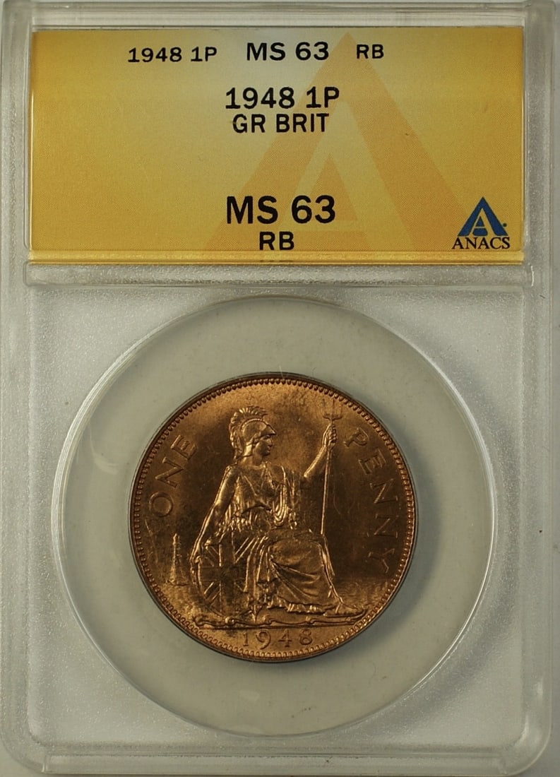 1948 Copper Great Britain Penny ANACS MS 63 RB Certified Uncirculated: 1948 Copper Great Britain Penny ANACS MS 63 RB Certified Uncirculated This 1948 Great Britain One Penny coin has been certified by ANACS with a grade of MS-63 RB, indicating a red-brown copper colorat