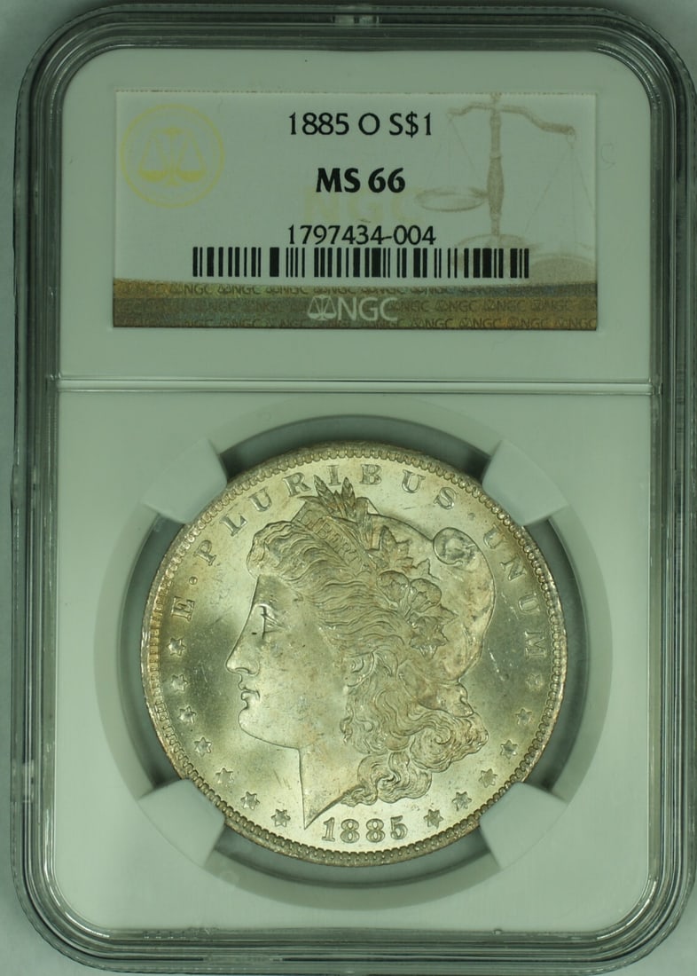 Lightly Toned 1885-O Morgan Silver Dollar NGC MS 66 Certified Coin: Lightly Toned 1885-O Morgan Silver Dollar NGC MS 66 Certified Coin This 1885-O Morgan Silver Dollar is an uncirculated coin featuring a light toning. It has been certified by NGC with a grade of MS 66