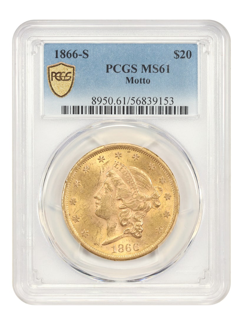 1866-S Liberty Head $20 Gold Double Eagle PCGS MS61 With Motto Type 2: 1866-S Liberty Head $20 Gold Double Eagle PCGS MS61 With Motto Type 2 This is an 1866-S $20 Liberty Head Type 2 With-Motto Double Eagle gold coin, graded MS61 by PCGS. Struck at the San Francisco Mint