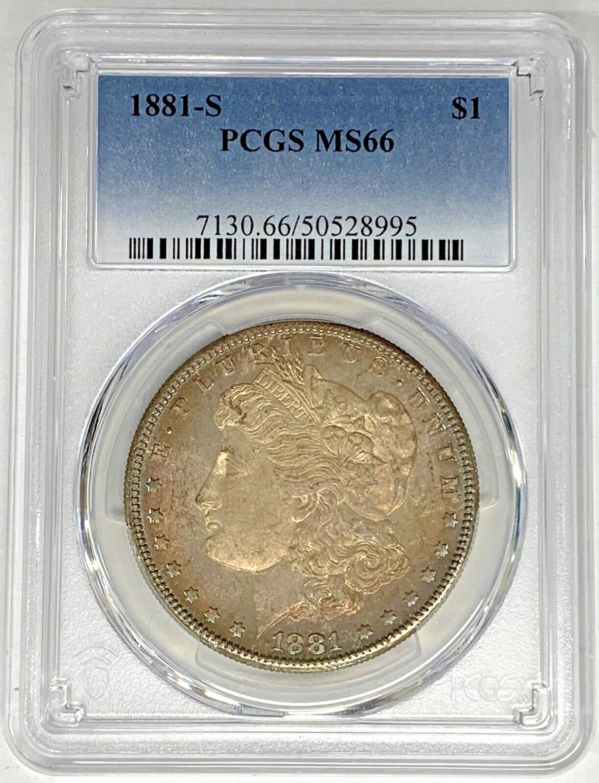 PCGS MS 66 1881-S Morgan Dollar Silver Toned Uncirculated Coin: PCGS MS 66 1881-S Morgan Dollar Silver Toned Uncirculated Coin This 1881-S Morgan Silver Dollar is a certified uncirculated coin graded MS 66 by PCGS. The coin features attractive toning and is compos