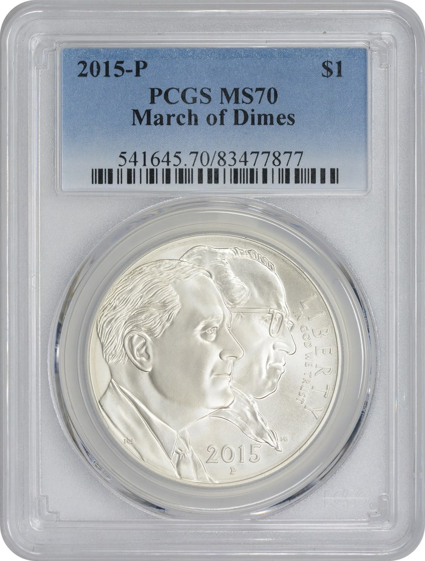 PCGS MS70 2015-P Silver Dollar March of Dimes Commemorative Coin: PCGS MS70 2015-P Silver Dollar March of Dimes Commemorative Coin This is a 2015-P March of Dimes commemorative silver dollar from the United States, graded MS70 by PCGS. The coin is uncirculated and f
